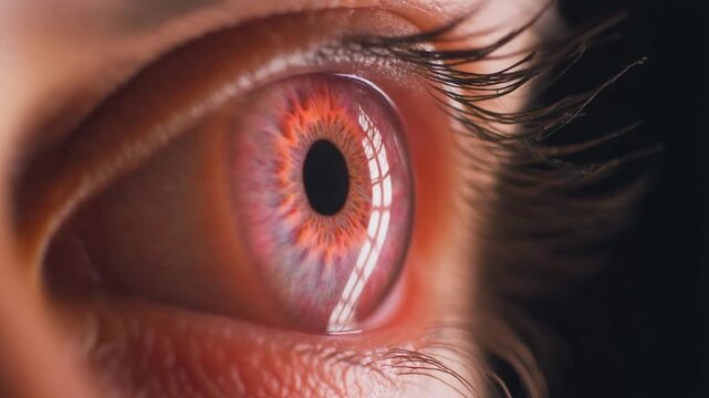 Extreme macro footage of a single beautiful human eye, vivid tropical pink iris with subtle patterns for National Hispanic Heritage Month