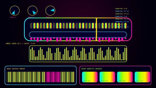 A vibrant printing matrix interface displays dynamic data sequences across three digital panels featuring neon gradients and fluctuating bar charts for advanced monitoring and system analysis purposes