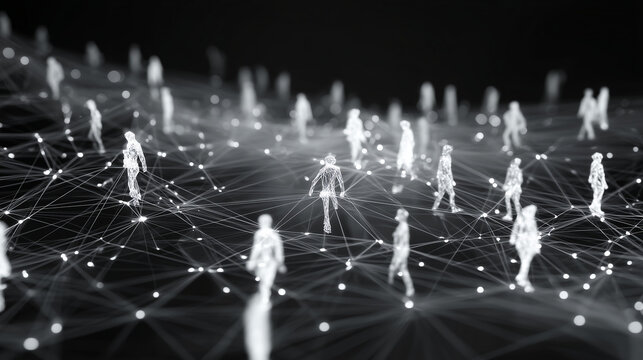 Digital network of human silhouettes connected by glowing data streams in dark tech environment