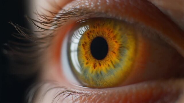 Extreme macro footage of a single beautiful human eye, luminous marigold iris combining warm golden tones for National Hispanic Heritage Month