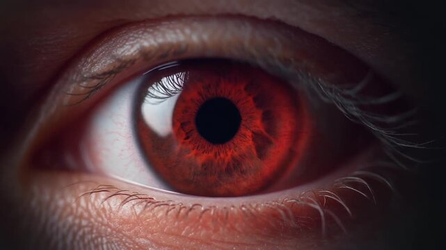 Extreme macro footage of a single beautiful human eye, deep salsa-crimson iris with rich details for National Hispanic Heritage Month