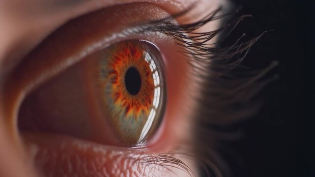 Extreme macro footage of a single beautiful human eye, rich warm fiesta-red iris with subtle patterns for National Hispanic Heritage Month