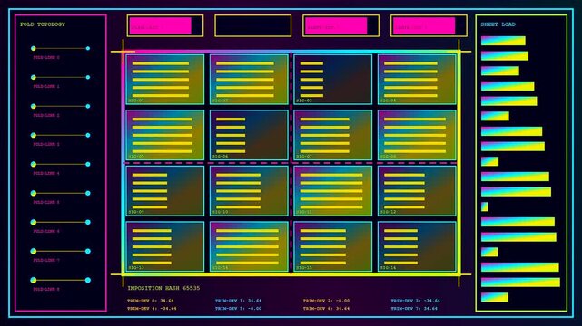 A digital printing matrix display illuminates a dark control room showing grid patterns with glowing data bars and complex software interface configurations for industrial manufacturing processes