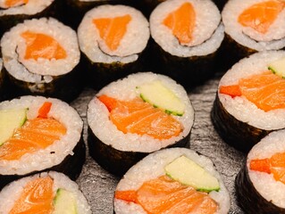 Top view close-up of salmon maki sushi rolls with nori on a black platter © Robert