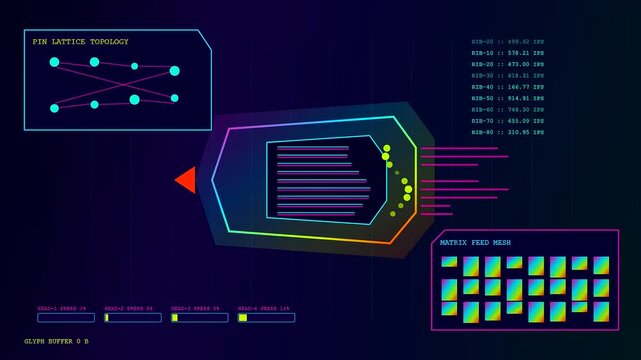 a colorful printing matrix display presents active data streams in a triple monitor setup showing technical interface metrics across evolving digital information flow patterns now