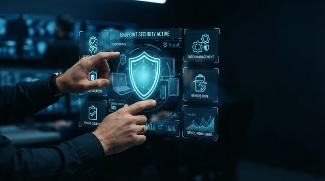 IT security professional interacting with holographic endpoint security device protection interface for enterprise multi-device cybersecurity management and digital threat prevention solutions.