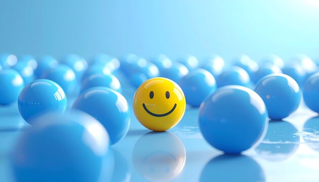 A happy yellow smiley ball is surrounded by blue spheres, illustrating optimism, positive emotions, leadership, individuality, and the ability to remain distinctive within a group.