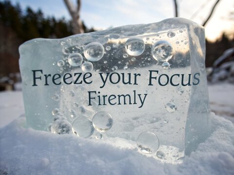 Clear ice block with trapped bubbles and inspiring text