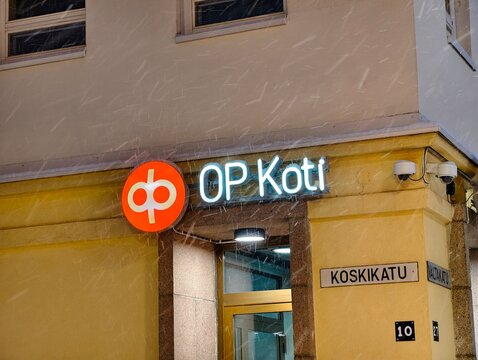 Rovaniemi, Finland-Dec. 1st 2025: OP Koti real estate agency logo sign