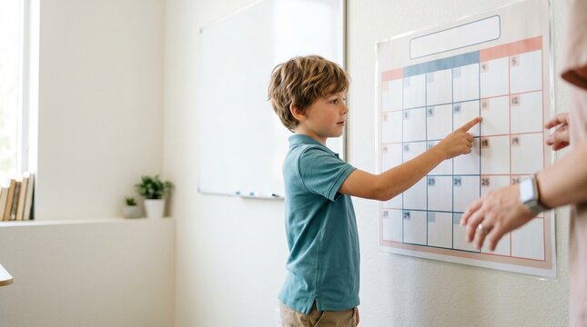 Schoolboy pointing at chart on classroom wall during lesson  