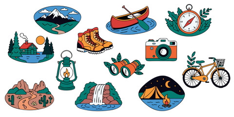 Collection of outdoor adventure icons in a flat design style for travel and recreation themes ©  Sifat Visuals