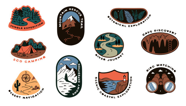 Outdoor adventure emblems with nature scenes and exploration themes for travel and leisure branding
