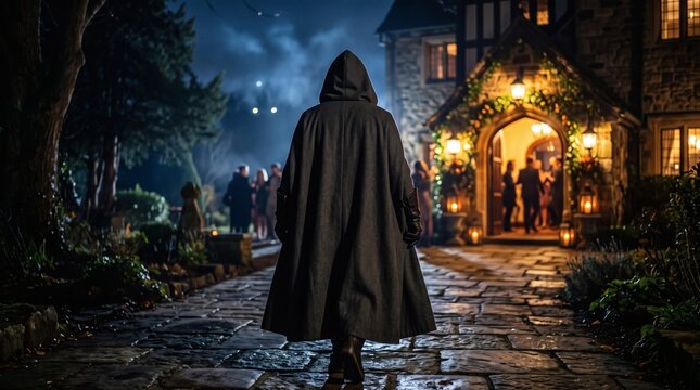 A mysterious figure in a dark hooded cloak walks down a stone path toward a brightly lit Tudor mansion hosting a party at night.
