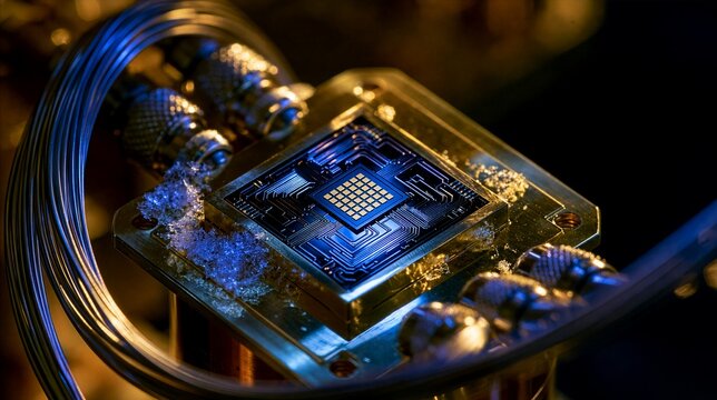 Superconducting quantum chip macro on a gold cryogenic cold plate