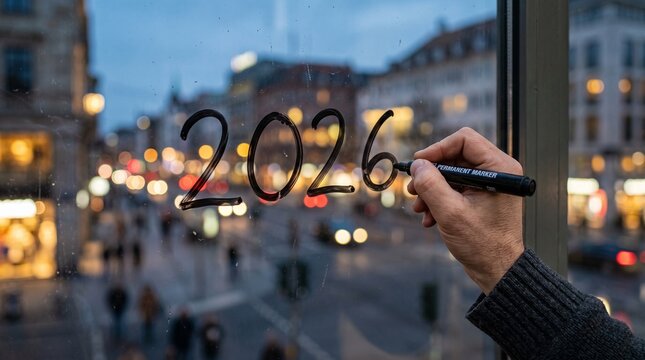 Person writing the number twenty twenty six on a glass window overlooking a blurred city street at dusk.