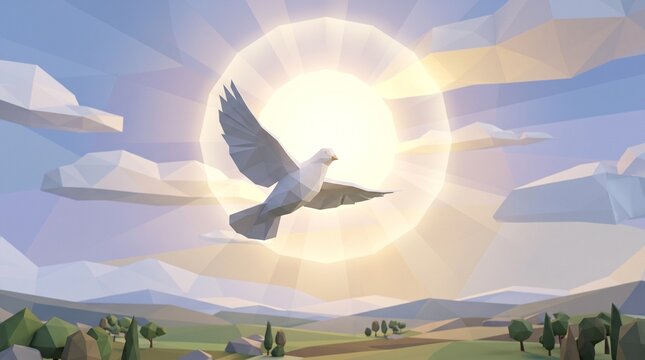 White dove flying across a glowing sun in a low polygon art style landscape with soft clouds and mountains.