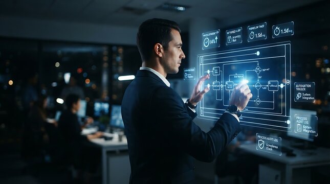 Operations executive interacting with holographic business process management BPMN workflow interface for enterprise digital process optimization and operational efficiency solutions.