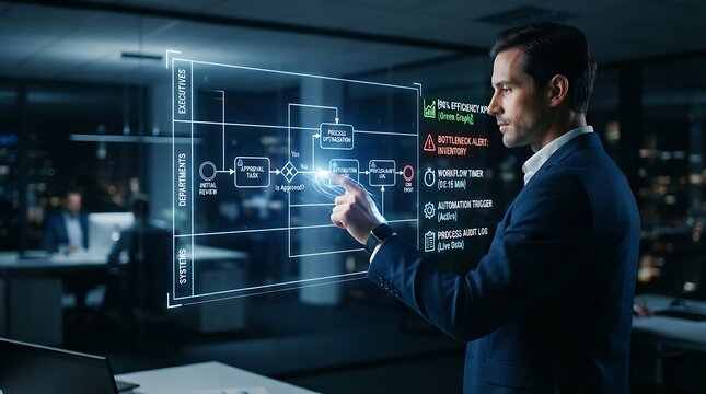 Operations executive interacting with holographic business process management BPMN workflow interface for enterprise digital process optimization and operational efficiency solutions.
