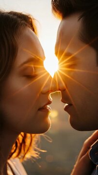 Romantic portrait of a young Caucasian couple in love sharing a tender moment with sunset sunburst light shining between their faces
