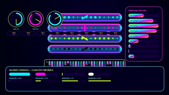 The intricate printing matrix interface displays dynamic glowing data points and neon circular gauges that shift patterns across multiple side by side digital dashboard display panels