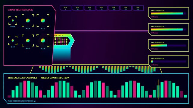a colorful printing matrix interface displays dynamic data bars and circular scanners across a dark purple virtual dashboard while moving through multiple stages of system monitoring