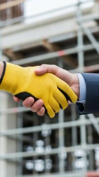 Construction worker shaking hands with businessman in a suit at a building site representing successful partnership and deal agreement