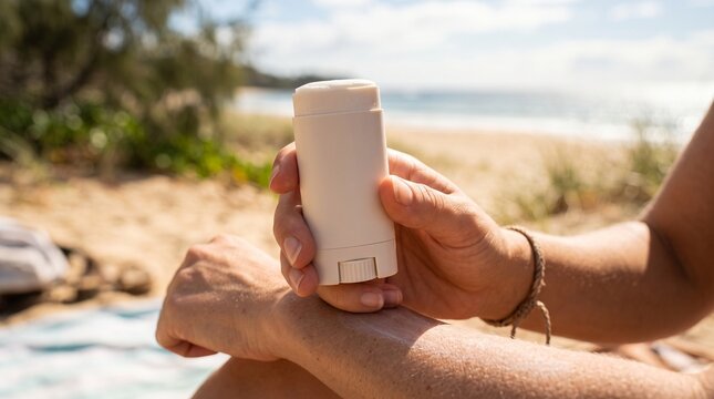 Sunscreen application outdoors at the beach on a sunny day to protect skin from ultraviolet rays.