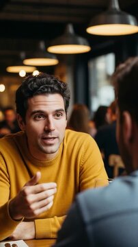 Young adult man in a yellow sweater talking with a friend at a cafe table