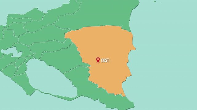 Mapa de Nicaragua con divisi&oacute;n pol&iacute;tica resaltando el departamento de Costa Caribe Sur