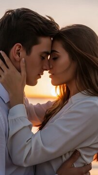 Romantic young couple sharing an intimate moment at sunset by the ocean, representing love and connection for lifestyle projects