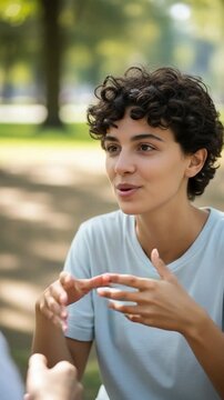 Young Woman with Short Curly Hair Explaining Something with Hand Gestures outdoors in Park