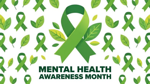 Mental health awareness month concept with green ribbon pattern and text