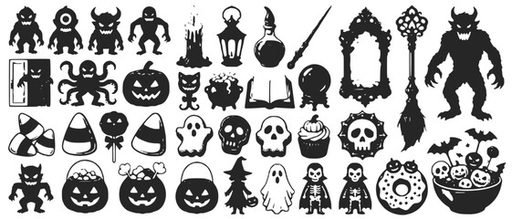 Fototapeta premium Halloween Vector Silhouette Icon Set with Monsters Ghosts Pumpkins Candy Crystal Ball Spider Web and Black Cat SVG, JPEG and PNG