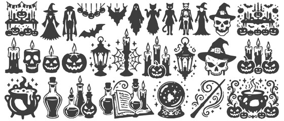 Fototapeta premium Black and White Halloween Vector Illustration Set with Spooky Icons, Skulls, Potion Bottles, Magic Wands, Crystal Balls and Spell Books SVG, JPEG and PNG