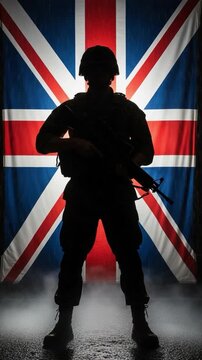 Silhouette of a male British soldier standing firmly in front of the UK flag holding a weapon