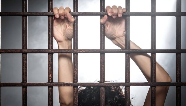 Hands firmly holding rusty prison bars in dramatic light, representing imprisonment, confinement, restricted freedom, human rights, struggle, and the desire for escape.