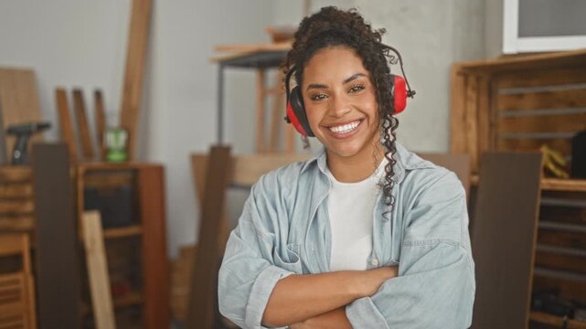 Young african american woman carpenter smiling with arms crossed, wearing red earmuffs and denim shirt amid stacked wood planks and shelving in a woodworking studio; pride.