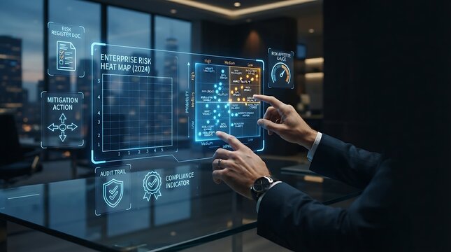 Risk management executive interacting with holographic enterprise risk matrix interface for corporate risk assessment monitoring and digital governance compliance management solutions.