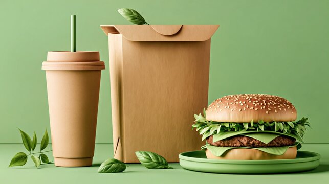 Eco-friendly burger takeaway packaging with paper cups, recyclable containers, and a fresh hamburger on a green studio background for restaurant branding.

