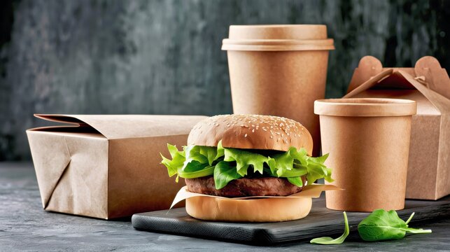 Fresh hamburger with kraft takeaway boxes and paper coffee cups on a dark table, sustainable packaging concept for restaurant branding.

