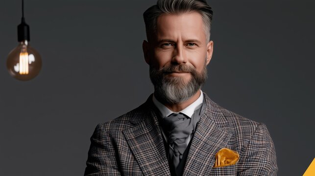 Distinguished bearded businessman in a tailored gray suit with a golden pocket square beneath a pendant lamp, sophisticated corporate portrait for branding.

