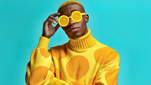 Stylish male model in a bright yellow patterned sweater and round sunglasses against a turquoise studio background for fashion branding and advertising.

