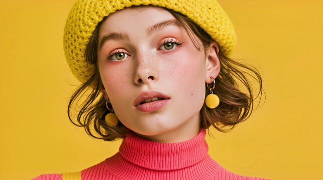 Freckled woman in a yellow knitted beanie and pink turtleneck against a golden background, elegant closeup portrait for beauty branding and advertising.

