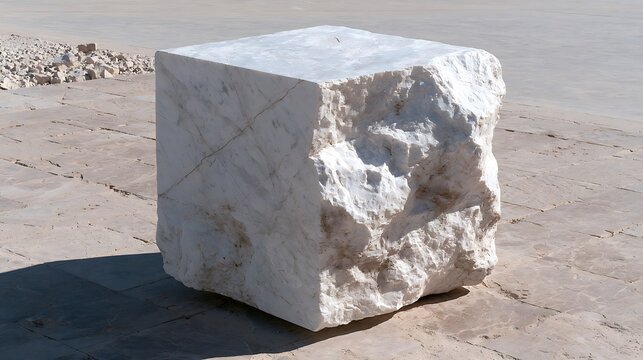 737. A psychological art piece exploring 'The Uncarved Block' (Pu). A plain, rough block of white marble sitting in the sun, holding the potential shapes of a thousand statues inside its uncut 