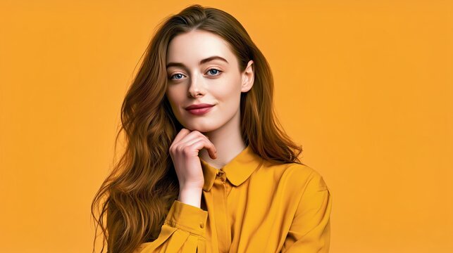 Elegant woman in a mustard blouse touching her chin against an orange background, warm closeup fashion portrait for beauty branding and advertising.

