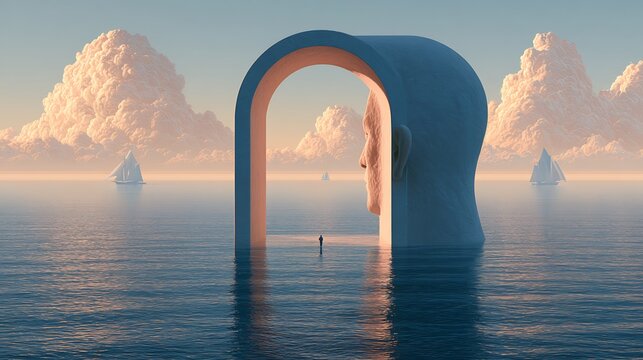 736. A conceptual psychological illustration of The Open Mind. A person's head depicted as a grand, open archway looking out onto a vast, tranquil ocean, where thoughts pass by like quiet sailing 