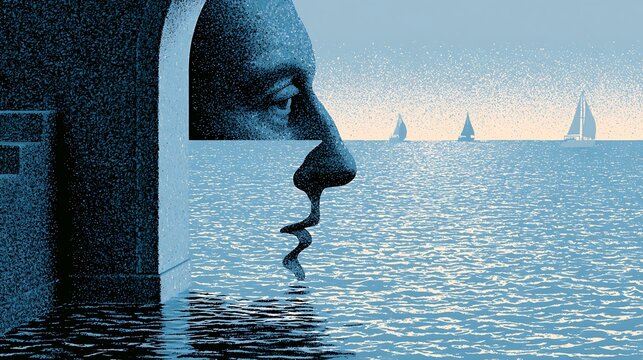 736. A conceptual psychological illustration of The Open Mind. A person's head depicted as a grand, open archway looking out onto a vast, tranquil ocean, where thoughts pass by like quiet sailing 