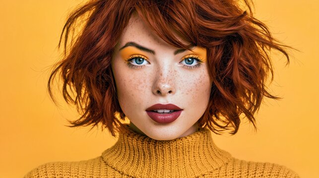 Freckled red-haired woman in an orange turtleneck sweater with vivid makeup, warm closeup portrait against an orange background for beauty branding.

