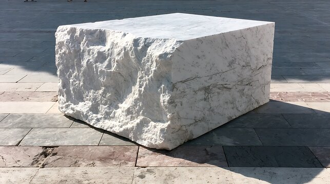 737. A psychological art piece exploring 'The Uncarved Block' (Pu). A plain, rough block of white marble sitting in the sun, holding the potential shapes of a thousand statues inside its uncut 