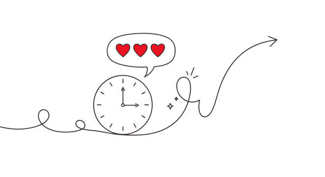Whimsical doodle of clock, hearts, and lightbulb representing time and ideas.